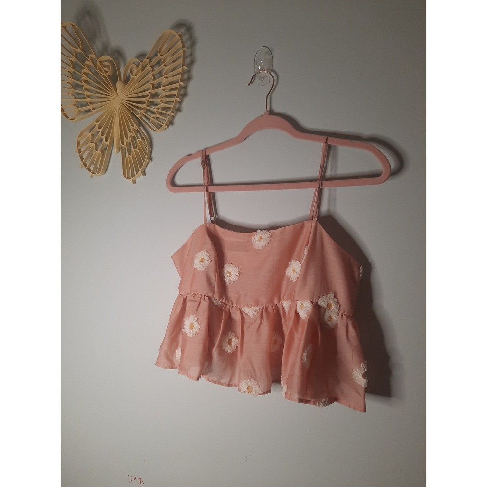 Pink Daisy 3D Floral Peplum Cami‎ Crop Top Adjustable Straps Back Zip Boho